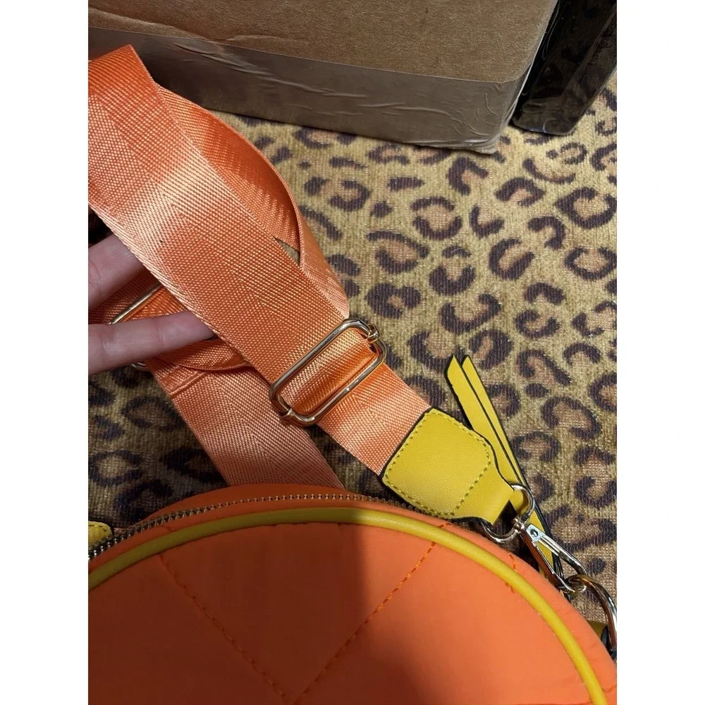 TESSIE Orange Quilted Round Crossbody Bag Yellow Trim Gold Hardware Adj Straps‎